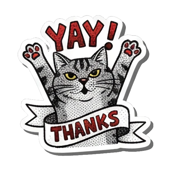 Cat celebrating with YAY Gritty Punk Tabby sticker for expressive chats and social replies.