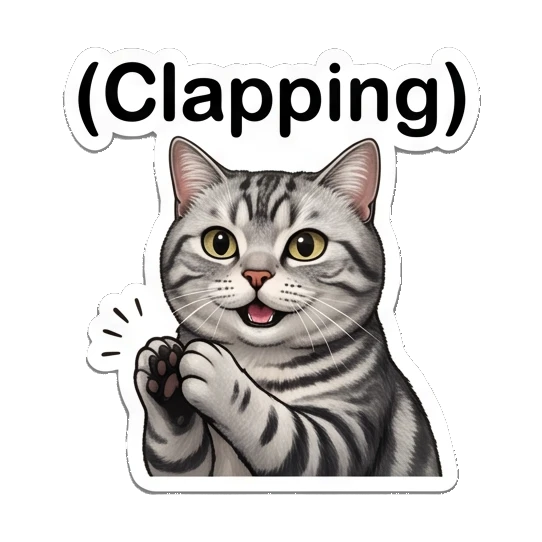 Excited tabby cat clapping hands with text (Clapping) Fluffy Tabby Moods sticker for expressive chats and social replies.