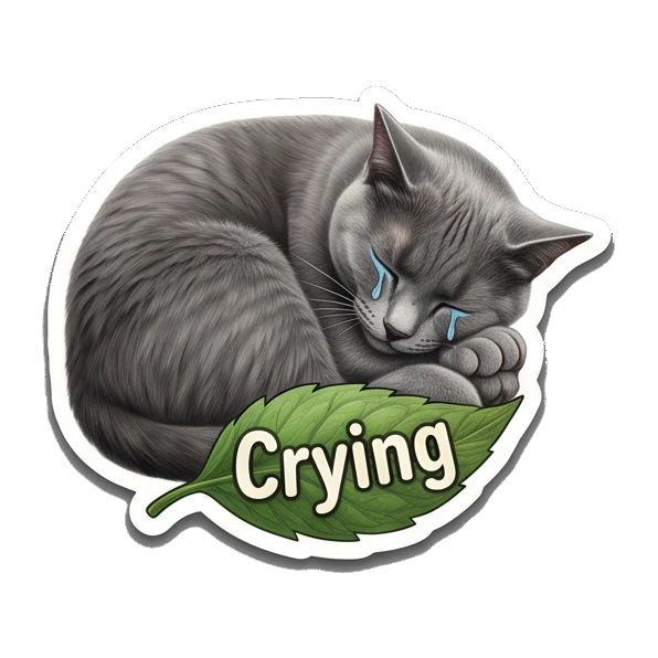 Sad gray cat curled up on a leaf crying, text Crying Gray Cat Daily Vibes sticker for expressive chats and social replies.