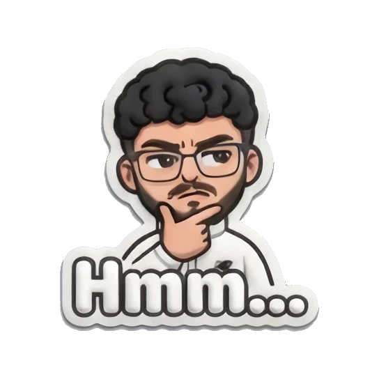 Man thinking with hand on chin and 'Hmm...' text Curly Hair Guy Daily Vibes sticker for expressive chats and social replies.