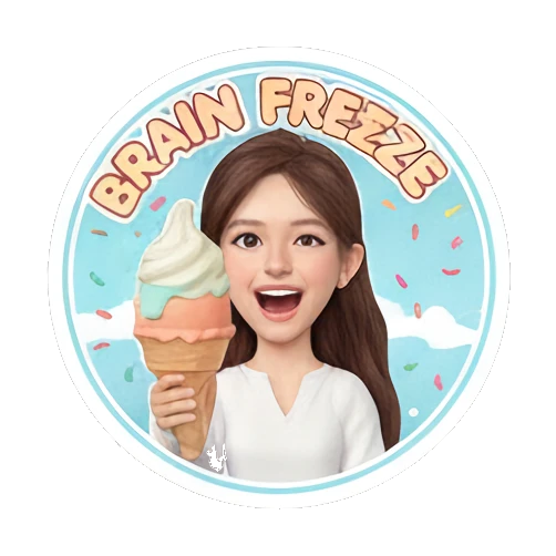 Girl with brain freeze, 'BRAIN FREEZE' text, surprised. Sweet Girl Daily Life sticker for expressive chats and social replies.