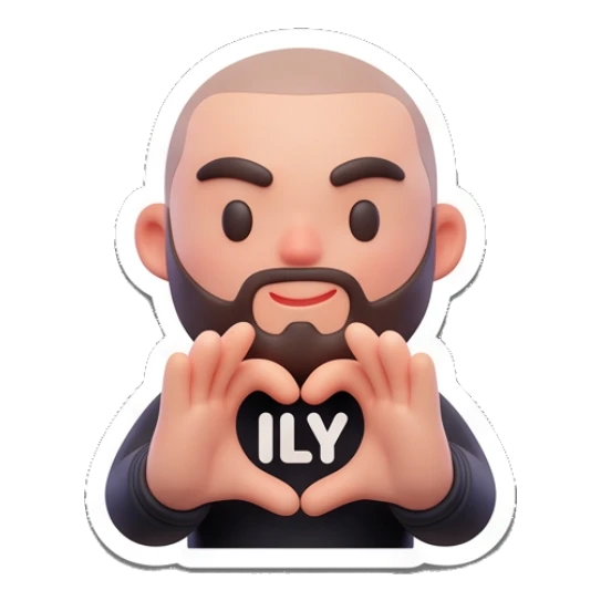Bearded man forming a heart with hands, text ILY Bearded Buddy Expressions sticker for expressive chats and social replies.