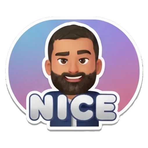 胡子大叔自信微笑，背景有渐变色圆圈，带有NICE文字 Bearded Man Daily Expressions sticker for expressive chats and social replies.