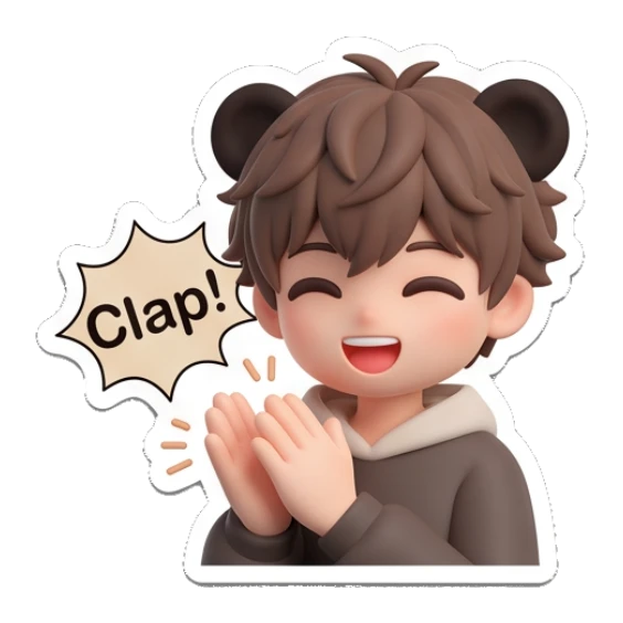Cheerful boy with bear ears clapping with text Clap. Brown Bear Boy Daily sticker for expressive chats and social replies.