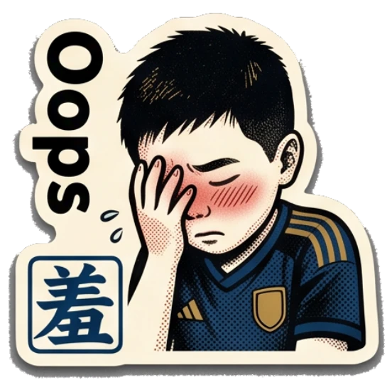 Embarrassed boy covering his face with one hand, blushing. Young Soccer Fan Expressions sticker for expressive chats and social replies.