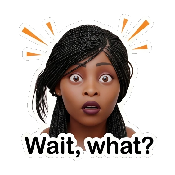 Woman with surprised expression, eyes wide open, text Wait, what? Chic Afro-Textured Daily Expressions sticker for expressive chats and social replies.