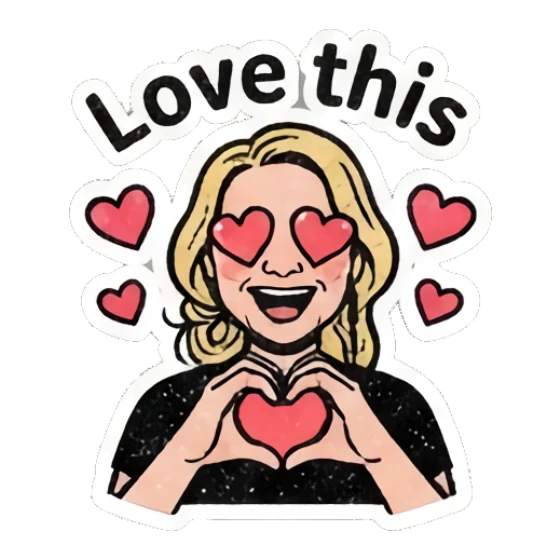 Blonde woman making heart shape with hands and heart eyes with text Love this Retro Blonde Daily Vibes sticker for expressive chats and social replies.
