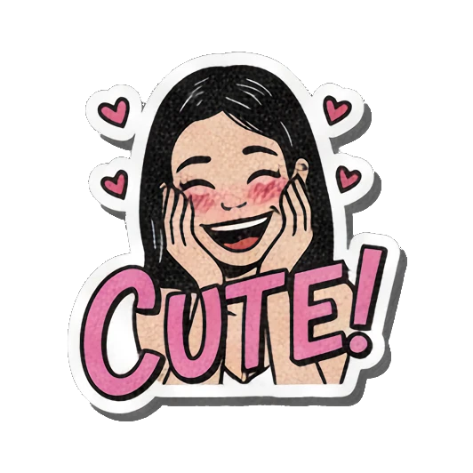 Girl smiling with hands on cheeks, text CUTE! Retro Comic Girl Expressions sticker for expressive chats and social replies.