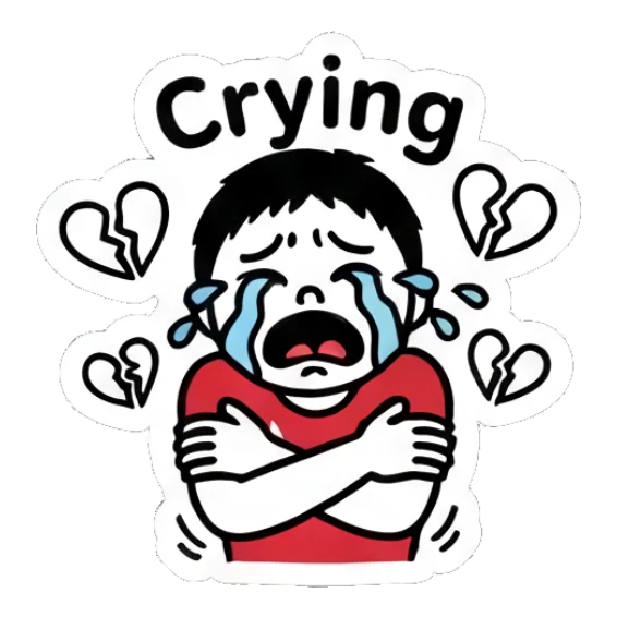 Sad soccer boy crying with broken hearts and 'Crying' text Keith Haring Style Soccer Boy sticker for expressive chats and social replies.