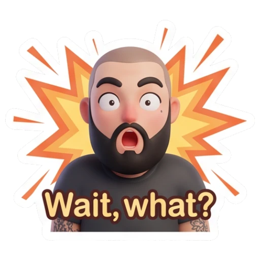 Bearded man looking shocked with orange explosion background, text Wait what Bearded Guy Daily Moods sticker for expressive chats and social replies.