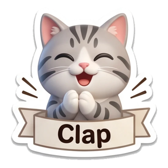 Applauding grey cat with sign and text Clap Cute Grey Tabby Daily sticker for expressive chats and social replies.