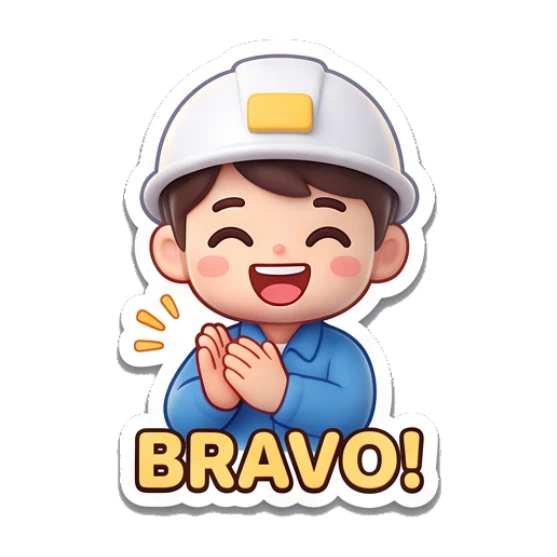 Construction girl clapping hands happily saying BRAVO Yewab Construction Crew sticker for expressive chats and social replies.