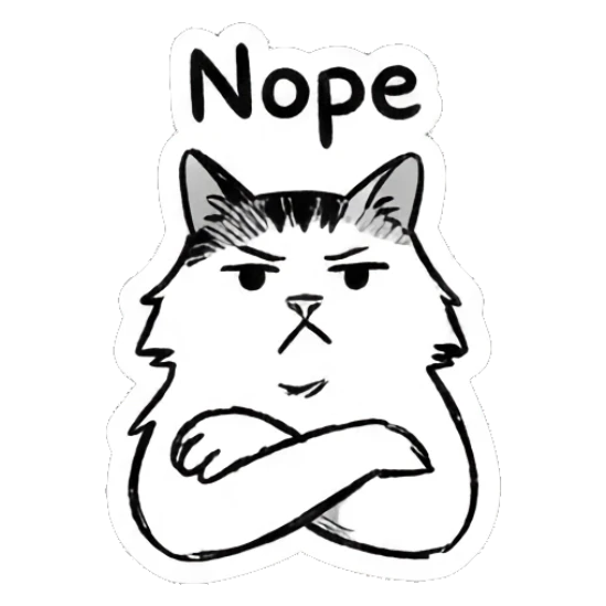 Cat looking stern with arms crossed, text Nope Quirky Doodle Cat Moods sticker for expressive chats and social replies.