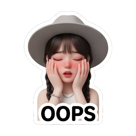 Girl with hat blushing, text OOPS Chic Hat Girl Expressions sticker for expressive chats and social replies.