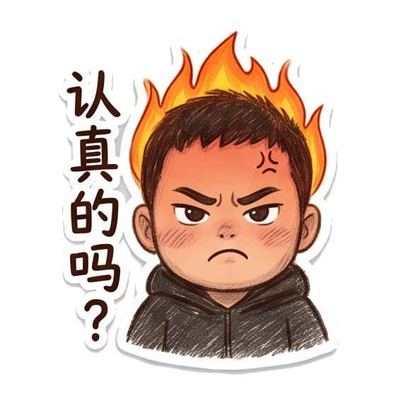 Boy with flaming hair looking angry with '认真的吗' text Cheerful Boy Daily Life sticker for expressive chats and social replies.