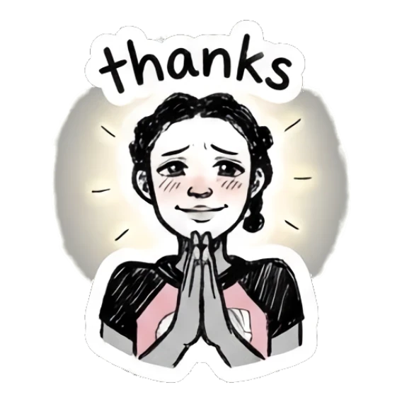 Girl with hands in prayer, grateful expression, text 'thanks' Doodle Girl Expressions sticker for expressive chats and social replies.