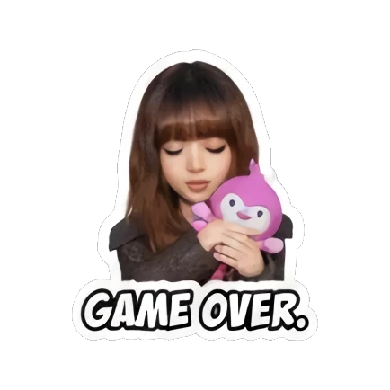 Gamer girl hugging a plush toy with 'GAME OVER.' text, sleepy. Gamer Girl Adventures sticker for expressive chats and social replies.