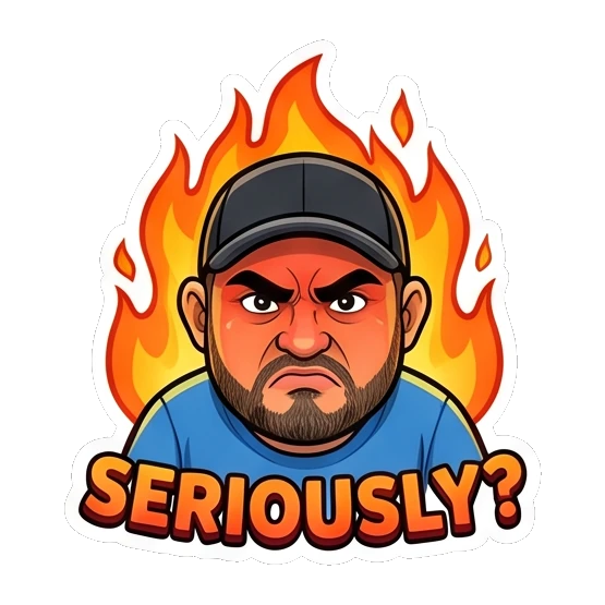 Bearded man with an angry face surrounded by flames, 'Seriously?'. Bearded Guy Daily Vibes sticker for expressive chats and social replies.