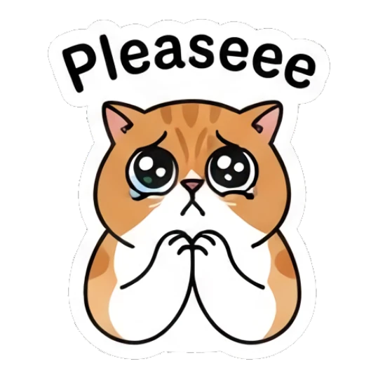 Pleading ginger cat with big watery eyes and 'Pleaseee' text. Ginger Cat Daily Vibes sticker for expressive chats and social replies.