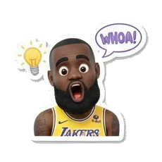 Basketball star looking surprised with lightbulb, WHOA text King James Expressive Moments sticker for expressive chats and social replies.
