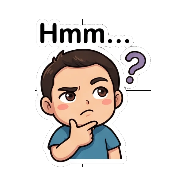 Boy thinking with a hand on his chin and a question mark. Cheerful Boy Daily Life sticker for expressive chats and social replies.
