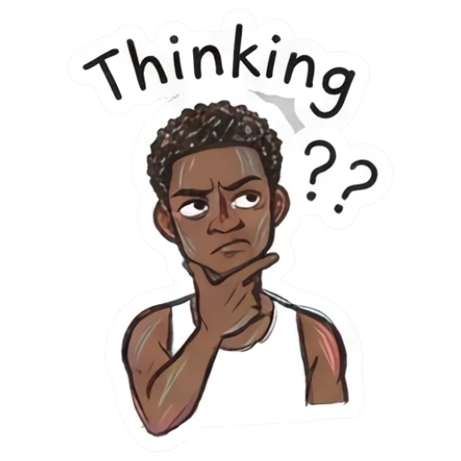 Thoughtful young man resting chin on hand with text Thinking Doodle Boy Expressions sticker for expressive chats and social replies.