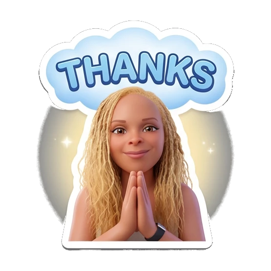 Blonde girl with hands together in prayer pose and THANKS text Blonde Girl Daily Vibes sticker for expressive chats and social replies.