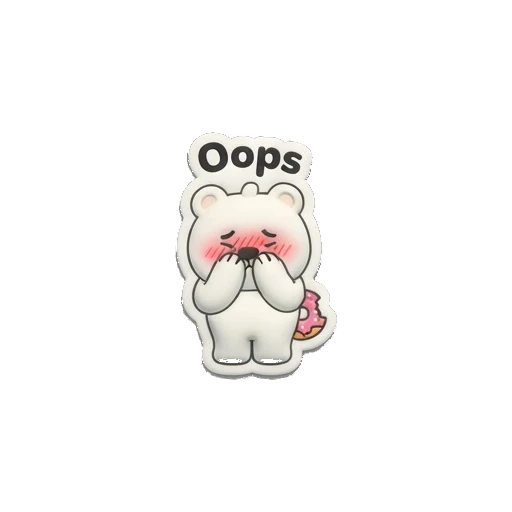 White bear blushing shyly with hands over face, holding a donut, text says Oops. Puffy Donut Bear sticker for expressive chats and social replies.