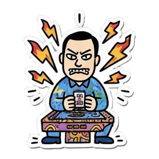 Man at table looks furious with lightning bolts and mahjong tiles. Mahjong Master Daily sticker for expressive chats and social replies.