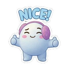 Happy snow creature giving a thumbs up with NICE text. Snowy Buddy Adventures sticker for expressive chats and social replies.