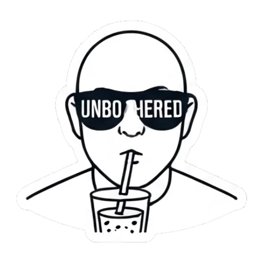 Bald man wearing sunglasses drinking bubble tea with 'UNBOTHERED' text Bald Guy Daily Vibes sticker for expressive chats and social replies.