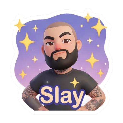 Bearded man looking confident with stars background, text Slay Bearded Guy Daily Moods sticker for expressive chats and social replies.