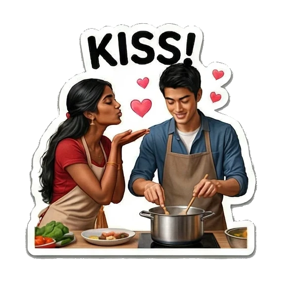 女生在厨房亲吻男生脸颊 Culinary Couple Moments sticker for expressive chats and social replies.