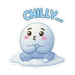 Pouting snow creature sitting in snow with CHILLY text. Snowy Buddy Adventures sticker for expressive chats and social replies.