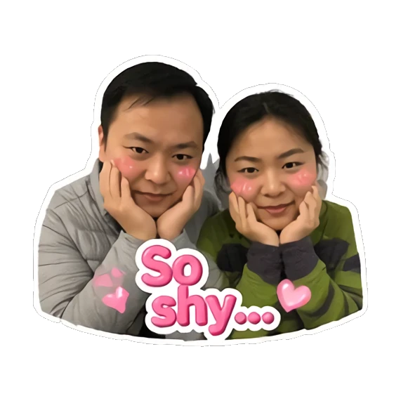 Couple looking shy with 'So shy...' text Couple Daily Vibes sticker for expressive chats and social replies.