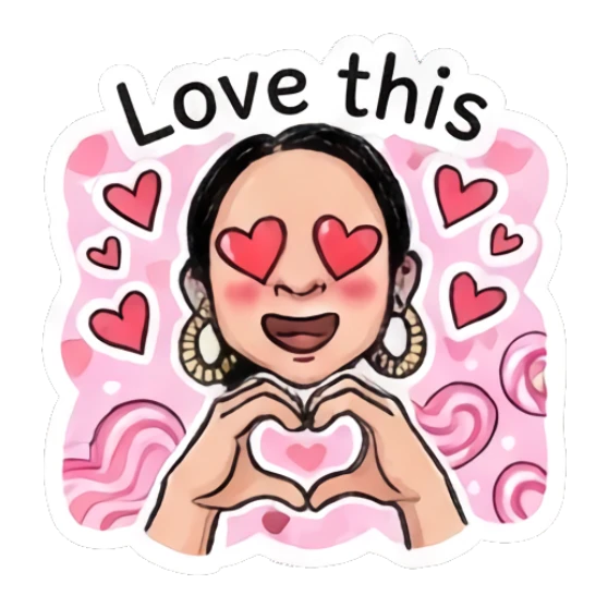Girl making heart shape with hands, loving expression, pink heart background. Doodle Girl Vibes sticker for expressive chats and social replies.