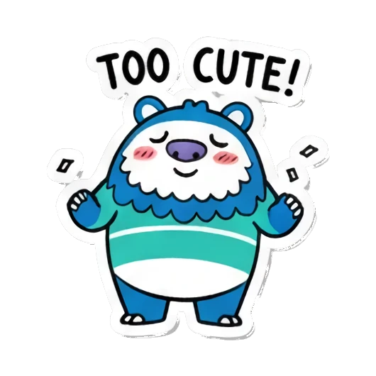Cute monster blushing, 'TOO CUTE!' Fluffy Monster Moods sticker for expressive chats and social replies.