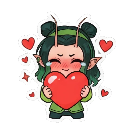 Girl blushing while holding a large red heart Green Mantis Girl Adventures sticker for expressive chats and social replies.