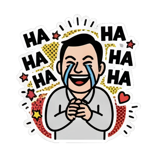 Man laughing hysterically, text HA HA HA Cheerful Office Guy sticker for expressive chats and social replies.