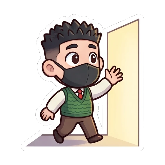 Student waving goodbye while walking out a door Cheerful Masked Student sticker for expressive chats and social replies.