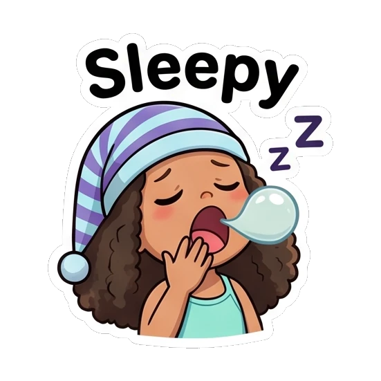 卷发女孩戴睡帽打哈欠，困倦状态 Curly Haired Girl Expressions sticker for expressive chats and social replies.