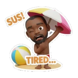 Man holding an umbrella and looking tired, text BURNED! Summer Beach Vibes sticker for expressive chats and social replies.