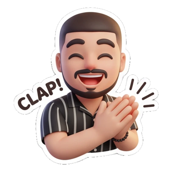 Bearded man clapping hands enthusiastically with 'CLAP!' text. Modern Bearded Guy sticker for expressive chats and social replies.