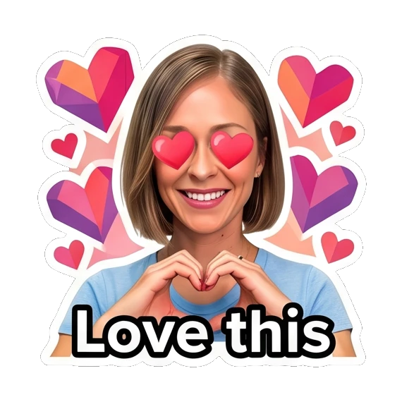 Woman making a heart shape with hands, text 'Love this' Daily Life Expressions sticker for expressive chats and social replies.