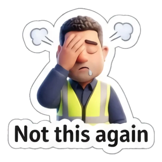 Worker facepalming, looking frustrated and tired. Busy Worker Life sticker for expressive chats and social replies.