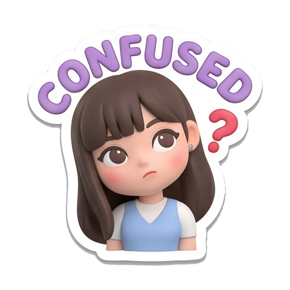 Girl looking confused with a question mark and text CONFUSED Cute Girl Daily Expressions sticker for expressive chats and social replies.