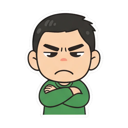 Boy crossing arms with a grumpy face Cheerful Green Shirt Boy sticker for expressive chats and social replies.
