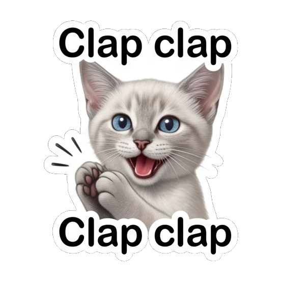 Excited white cat clapping paws with text Clap clap Little White Cat Daily sticker for expressive chats and social replies.