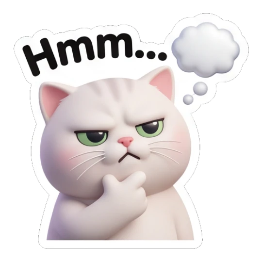 White cat thinking with a thought bubble saying Hmm... Whimsical White Cat Adventures sticker for expressive chats and social replies.