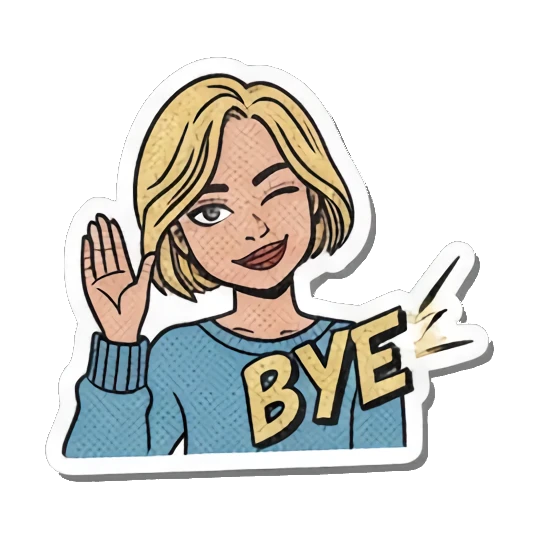 Waving "BYE" Retro Slang Girl sticker for expressive chats and social replies.
